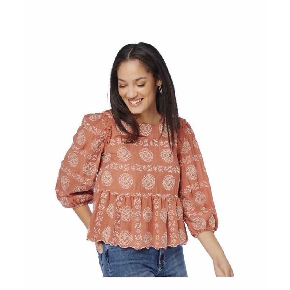BLU PEPPER Womens Clay Orange Embroidered Peasant Blouse Top Small Boho